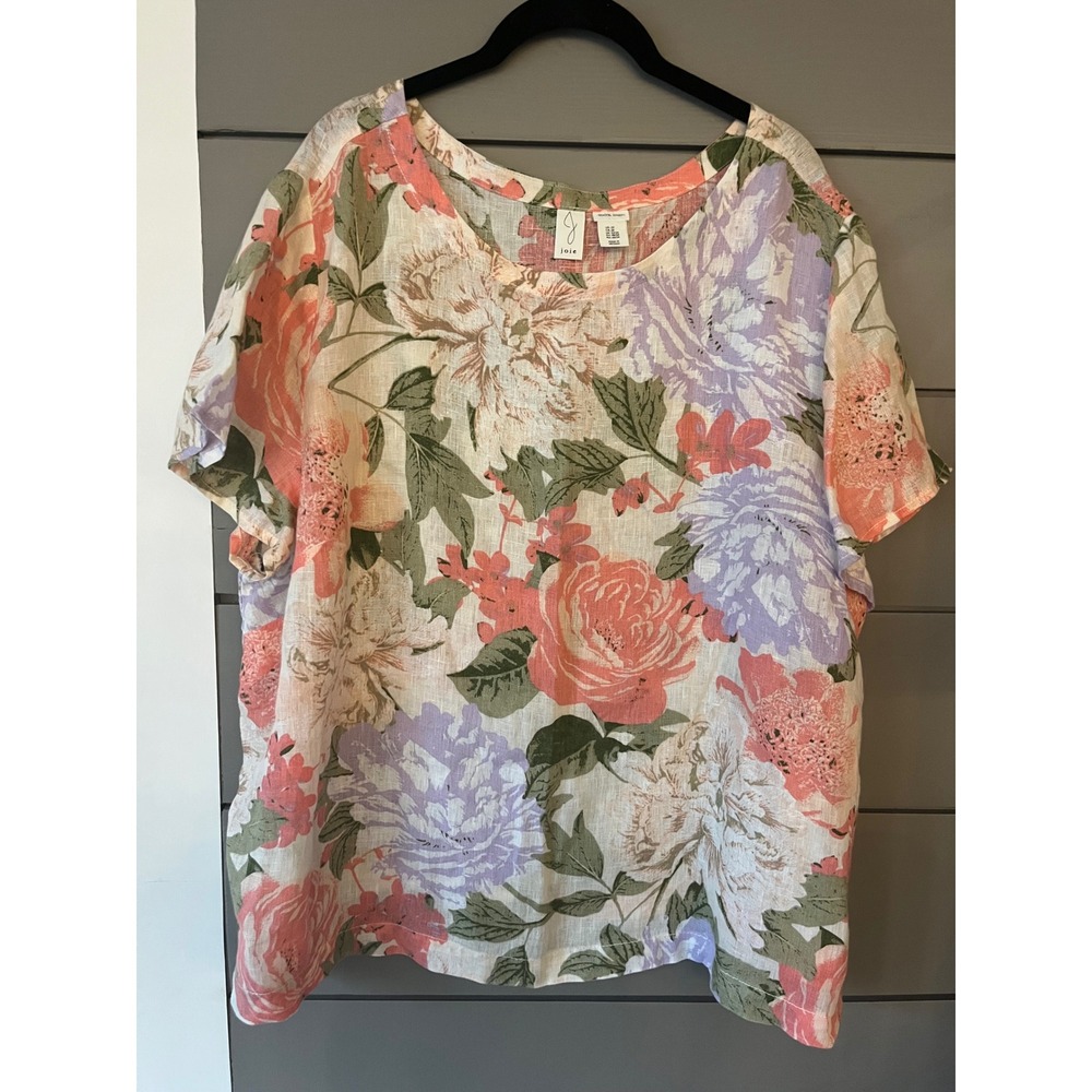 Joie Womens 2X Floral‎ Linen Blouse Short Sleeve Button Detail Top Multicolor